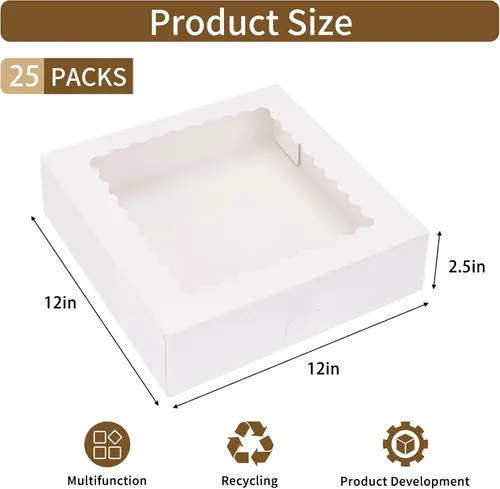 Miniatura 2 de Moretoes 25 cajas para tartas, cajas de panadería blancas de 12 x 12 x 2.5 pulgadas con ventana, cajas de galletas emergentes automáticas