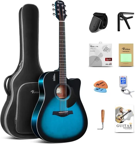 Rosen Guitarra acústica Dreadnought de tapa sólida de 104 cm con abeto, para principiantes, con libro, bolsa acolchada, cuerdas, púas, llave Azul