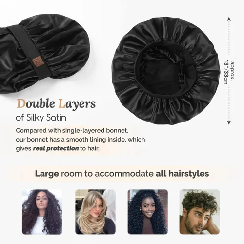 Miniatura 3 de Hat Hut Gorro de satén de seda para dormir para mujer, gorro de pelo para cabello rizado, banda ancha ajustable, doble capa