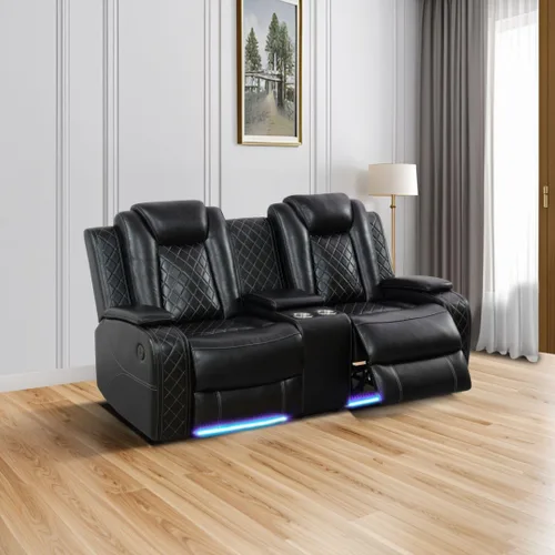 Miniatura 46 de Juego de sofá reclinable de cuero eléctrico con LED, juego de sala de estar de cuero, juego de sofá reclinable con puerto USB/soporte