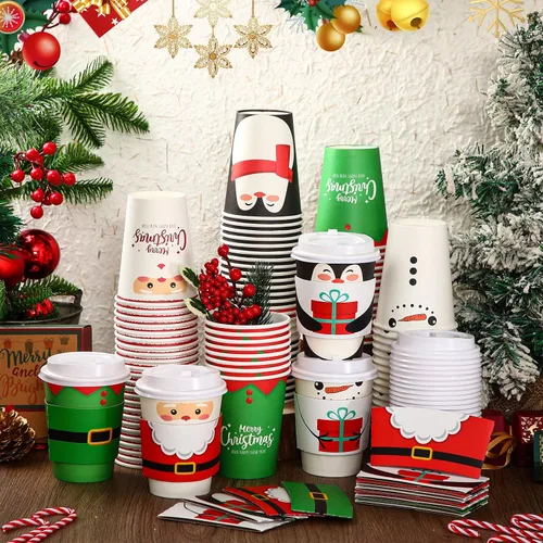 Miniatura 3 de Yungyan Paquete de 100 Tazas de Café Desechables de Navidad de 12 oz con Tapas y Mangas, Tazas de Café de Papel Aisladas con Tapas de Cúpula