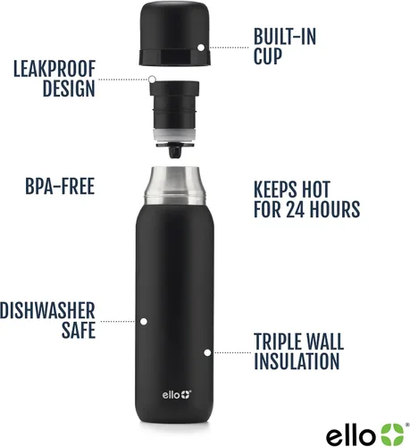 Miniatura 3 de Ello Therma - Termo aislado de acero inoxidable de 32 onzas para bebidas calientes y frías, con tapa a prueba de fugas y taza integrada, aislamiento
