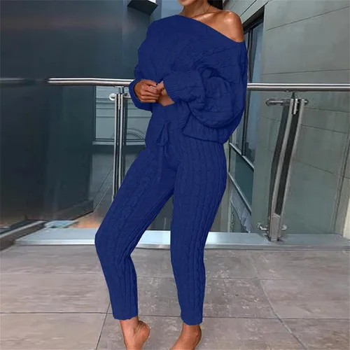 Miniatura 2 de Conjunto de pantalones largos de punto de 2 piezas para mujer, conjunto de suéter de punto torcido de un hombro, traje de suéter de color liso