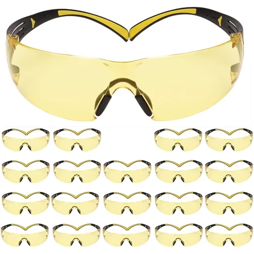 3M - Lentes de seguridad SecureFit, paquete de 20, ANSI Z87, antiarañazos y antivaho Scotchgard, lente ámbar, marco amarillo/negro, varillas
