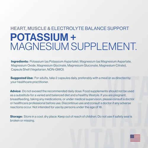 Miniatura 7 de Suplemento de potasio y magnesio de 1000 mg 180 cápsulas Suplemento de magnesio y potasio para el corazón, calambres en las piernas, equilibrio