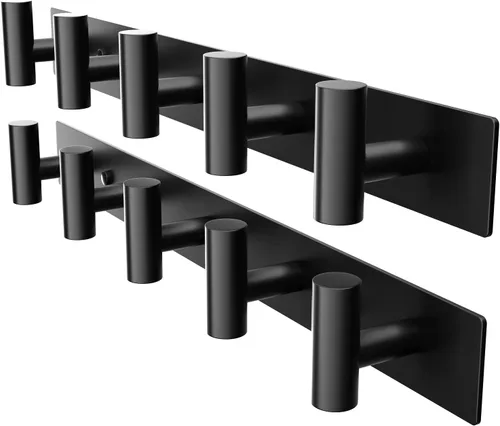 Miniatura 9 de GWAAZXGZ Perchero negro montado en la pared, 5 clavijas en forma de T para sombreros, bolsas y toallas, riel de metal resistente para entrada, baño