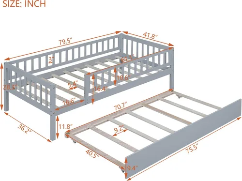 Miniatura 2 de Base de cama de tamaño individual con barandillas nido y valla para niños, adolescentes y adultos, soporte de listones de madera, no necesita Gris