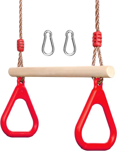 PELLOR - Barra de trapecio de madera para juegos infantiles con anillos de gimnasio de plástico, juego de columpio para diversión en interiores y