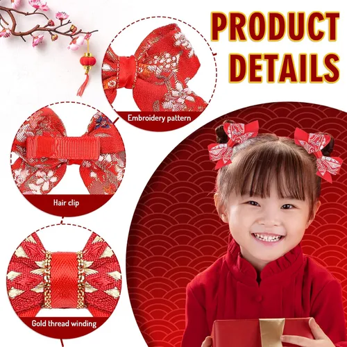 Miniatura 3 de Whaline 3 pares de pasadores de pelo rojo de Año Nuevo 2026, estilo chino, pinzas para el cabello para niñas y bebés, pinzas bordadas para el pelo