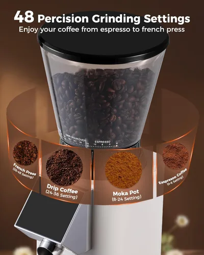 Miniatura 3 de Tuni G1 Molinillo de café con rebabas cónicas, 48 ajustes de molienda, molinillo de fresas antiestáticas, temporizador electrónico de precisión