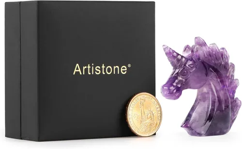 Miniatura 9 de Artistone Estatua de unicornio de cristal de amatista de 3 pulgadas, piedra preciosa tallada a mano, piedra de caballo de unicornio morado, figuras