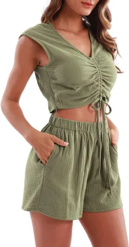 Miniatura 3 de Amazhiyu Conjunto de 2 piezas de gasa de algodón arrugado para mujer, pantalones cortos y tops de verano Verde