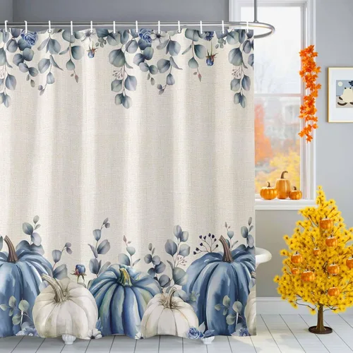 Cortina de ducha de eucalipto con calabazas azules y blancas, temporada de Acción de Gracias, rústica, hojas botánicas, impermeables, lavables,
