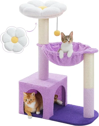 Miniatura 9 de MUTTROS Árbol para gatos con flores con postes rascadores de sisal, linda torre para gatos de 35" con hamaca verde grande para gatos pequeños