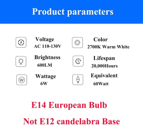 Miniatura 3 de Beonllay Bombilla LED E14 Regulable Equivalente a 60W 2700K Blanco Cálido, Bombillas de Luz E14 Base Europea 6W 600 Lúmenes AC120V, Bombilla Edison