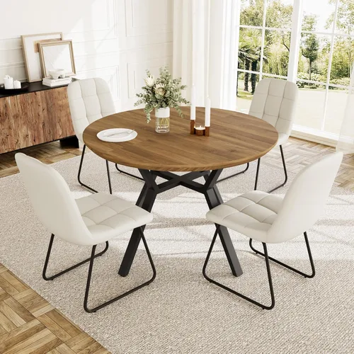 Miniatura 18 de HIPIHOM Juego de mesa de comedor redonda extensible para 6 personas, mesa de cocina extensible de 43.3 a 59.1 pulgadas con 6 sillas tapizadas, Mesa
