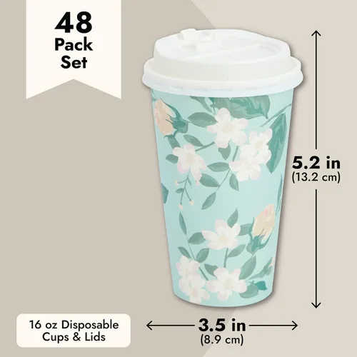 Miniatura 4 de BLUE PANDA Tazas de café de papel, 16 onzas, 48 unidades, 4 colores florales pastel, tazas desechables con tapas para café caliente y frío y té