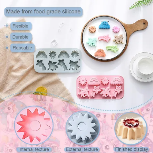 Miniatura 4 de Paquete de 2 moldes de silicona con temática de unicornio alado, 8 cavidades 3D arco iris, unicornio, sol, meteoros, herramientas de decoración