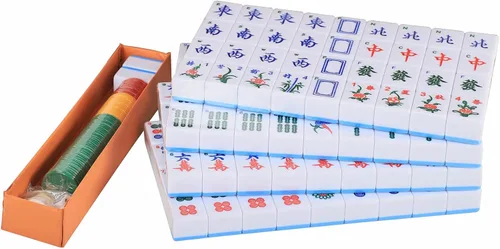 Miniatura 4 de Juego de Mahjong chino, juego de Mahjong con 146 azulejos grandes numerados (1.5", azul), juego de azulejos de Mahjong con estuche de transporte Set