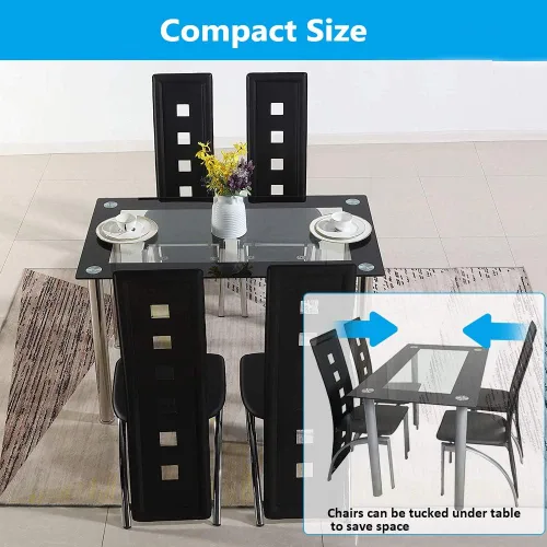 Miniatura 4 de Juego de mesa de comedor de 5 piezas, moderno juego de mesa de comedor negro para 4, mesa de comedor de cocina de vidrio templado con 4 sillas