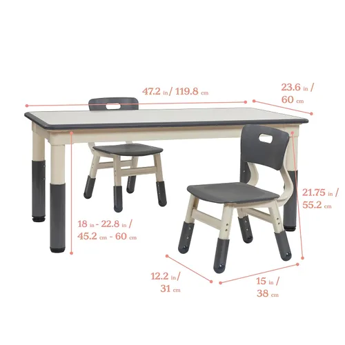 Miniatura 2 de ECR4Kids Mesa de actividades rectangular de borrado en seco con 2 sillas, ajustable, muebles para niños, gris, 3 piezas