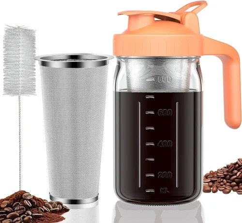 Miniatura 8 de JunVpic Tarro para cafetera fría – Tapa multiusos de vidrio grueso de 64 onzas con asa y filtro de acero inoxidable para café helado, limonada, té