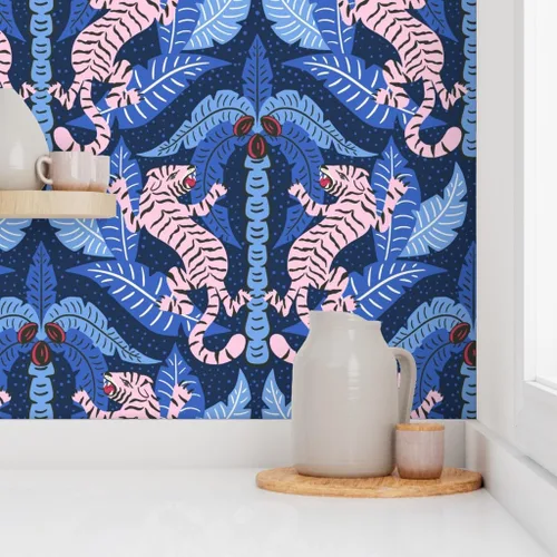 Miniatura 8 de Muestro de papel tapiz extraíble - Tiger Damask Pink Blue Jungle Tropical Papel pintado prepegado personalizado por Spoonflower