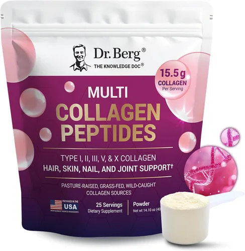 Dr. Berg Multi Colágeno en Polvo de Péptidos Tipos I, II, III, V, X - Polvo de Colágeno Sin Sabor con 14 g de Proteína - Obtenido de Fuentes de