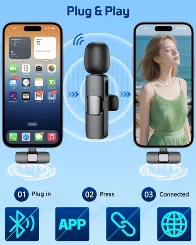 Miniatura 3 de Micrófono de solapa inalámbrico Lavalier para iPhone - Mini micrófono Bluetooth con reverberación, micrófono portátil con clip para grabación