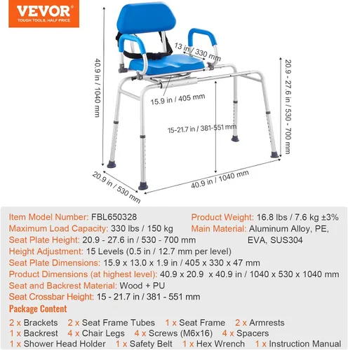 Miniatura 7 de VEVOR Banco deslizante de transferencia de bañera con asiento giratorio de 360 grados, silla de ducha deslizante con reposabrazos pivotantes