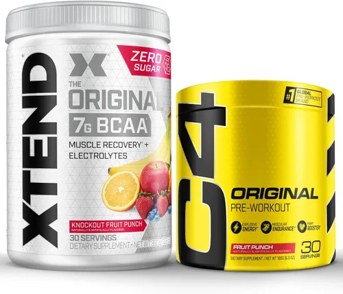 Paquete de preentrenamiento y BCAA de Cellucor, polvo Original C4 de preentreno, ponche de frutas, 30 porciones + XTEND BCAA en polvo, ponche de