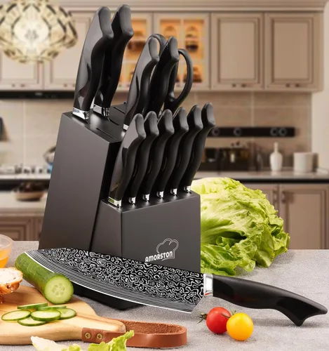 Miniatura 9 de Juego de cuchillos, 15 piezas, juego de cuchillos de cocina con afilador incorporado, juego de bloques de cuchillos de acero inoxidable alemán
