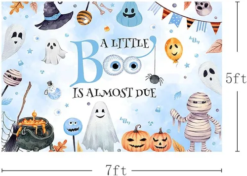 Miniatura 3 de MEHOFOND Telón de fondo de Halloween de 7 x 5 pies con texto en inglés "A Little Boo is Almost Due Pumpkin Photography Background Blue Watercolor