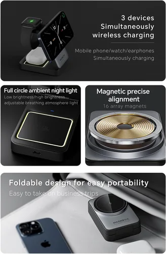 Miniatura 7 de Cargador inalámbrico 3 en 1 actualizado 2026 para iPhone, cargador magnético de viaje, estación de carga inalámbrica plegable compatible