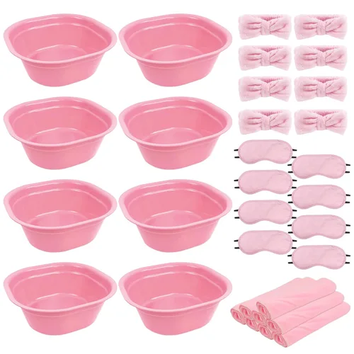 Kit de spa de pies para niños, 32 piezas, color rosa claro de 8 pies para remojo, 8 toallas, 8 bandas para el cabello y 8 máscaras de ojos,
