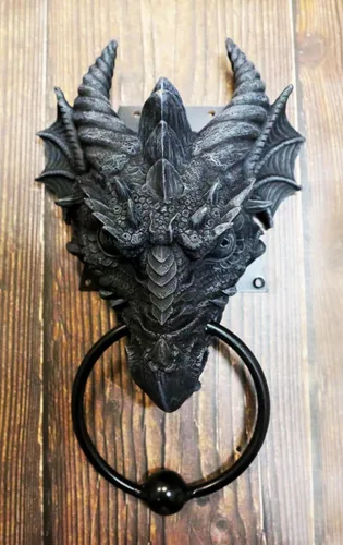 Miniatura 7 de Ebros Gift Gótico Antiguo Dragón Cuernos Wyvern Monarca Guardián Cabeza Aldaba de puerta Mitos y leyendas Calabozos y Dragones Decoración del hogar
