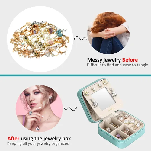 Miniatura 8 de Ailvy Organizador de joyas de viaje con espejo, joyero pequeño, portátil, estuche de joyería para aretes, anillos, collares, pulseras, regalo