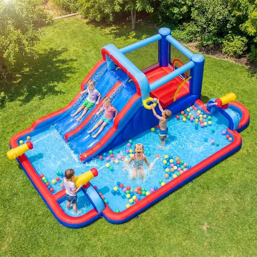 BOUNTECH Parque inflable de tobogán acuático, castillo de salto de 21 x 13 pies con toboganes dobles para diversión de carreras, piscina grande de