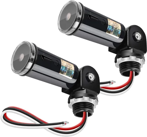 Paquete de 2 sensores de anochecer a amanecer para iluminación exterior, interruptor fotoeléctrico de 120-277V, sensor de luz de fotocélula cableado