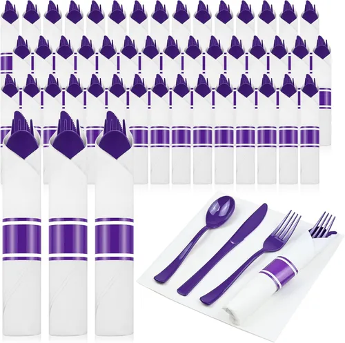 Miniatura 12 de Paquete de 100 cubiertos de plástico preenrollados azules, cubiertos enrollados azules con servilletas, juego de cubiertos de plástico preenrollados