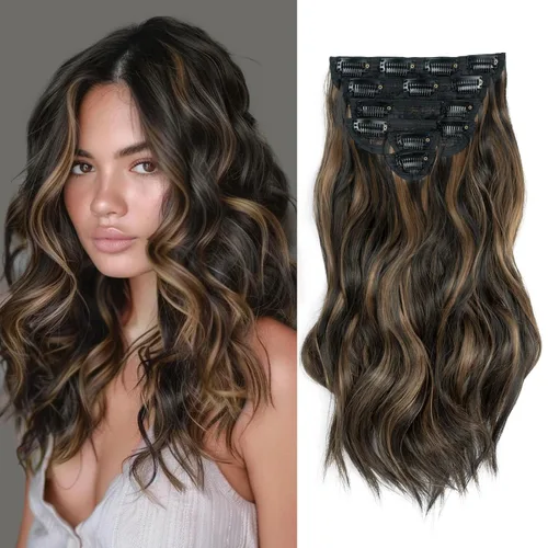 Miniatura 31 de Fliace Extensiones de cabello con clip para mujer, extensiones de cabello ondulado largo de color marrón medio, extensiones de cabello sintético