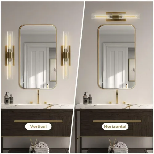 Miniatura 3 de YUYI Juego de dos apliques de pared de latón, 22.8'' apliques de baño dorados con pantalla de vidrio transparente, luces de pared de tocador