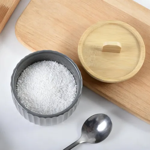 Miniatura 6 de Recipiente de sal con tapa de bambú, cuencos de cerámica de gran capacidad de 14 onzas, caja de pimienta, recipiente de condimentos de esmalte Negro