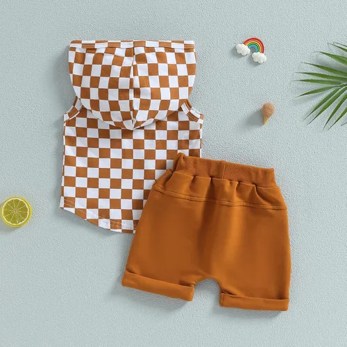 Miniatura 14 de Conjunto de ropa de verano para bebé niño y niño, diseño a cuadros, manga corta, sudadera con capucha y pantalones cortos casuales
