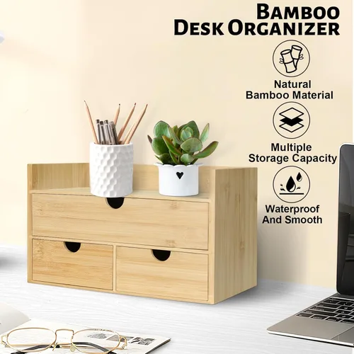Miniatura 3 de Organizador de escritorio de bambú, organizador de escritorio con 3 cajones, caja de organización de almacenamiento de mesa para facturas, encimera