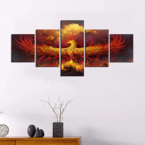 Miniatura 2 de 5 piezas de pintura sobre lienzo ardiente de fénix dibujado en estilo heráldico fuego fénix arte de pared vintage impresiones obras de arte arte