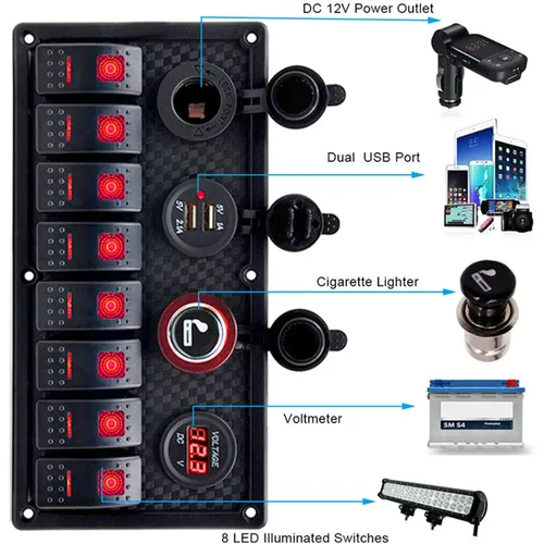 Miniatura 6 de KAOLALI Panel de interruptor basculante de 8 bandas, 12 V, 24 V, impermeable, con doble USB, encendedor de cigarrillos, voltímetro, LED azul