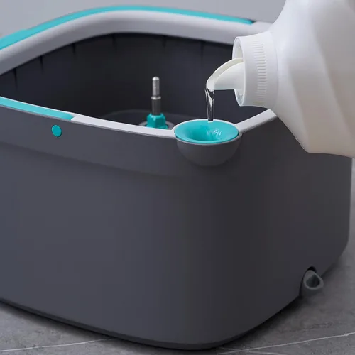 Miniatura 3 de Trapeador giratorio y cubo con compartimentos separados para agua limpia y sucia, versión mejorada 2025 con cepillo lateral y mango de pie, Gris
