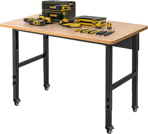 Banco de trabajo ajustable de 48 pulgadas con ruedas, mesa de trabajo rodante para garaje, banco de trabajo de madera dura de capacidad de 2000