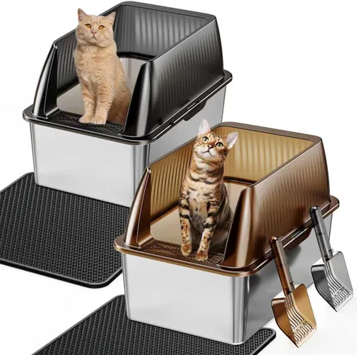 Miniatura 7 de Tripamin Caja de arena para gatos de acero inoxidable XL de 15 pulgadas, lados altos XXL de acero inoxidable con tapa, caja de arena de metal